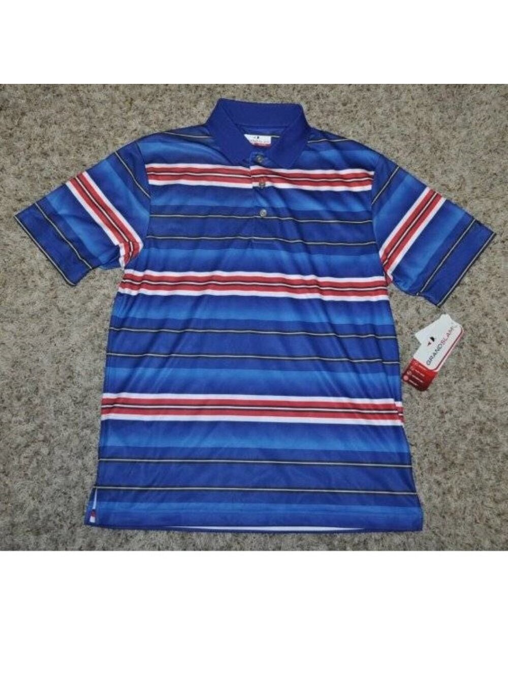 Grand Slam Golf Polo S Mens Blue Striped Short Sleeve Dri-Flo 1 Pkt Shirt
